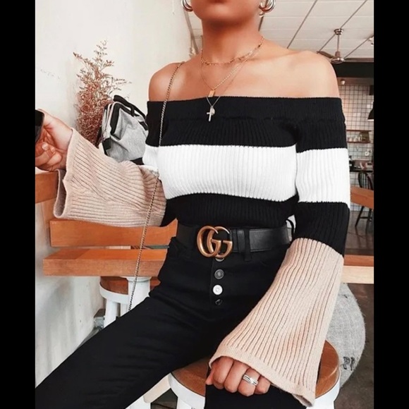 Sweaters - Multi colored striped off the shoulder sweater.